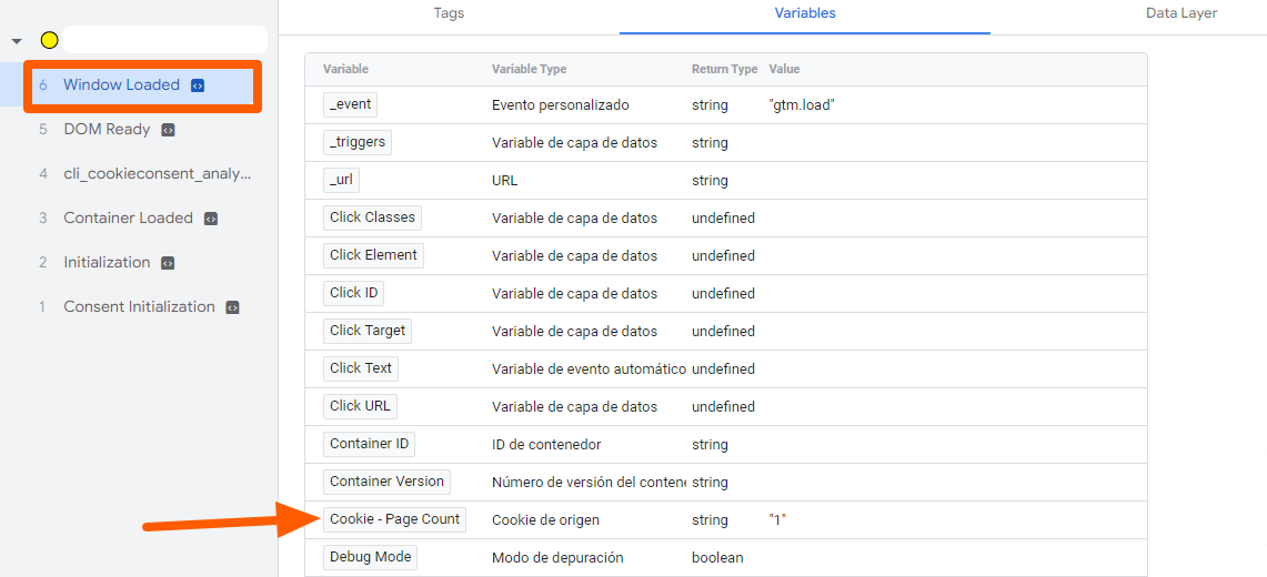 Vista previa en Google Tag Manager de las páginas vistas