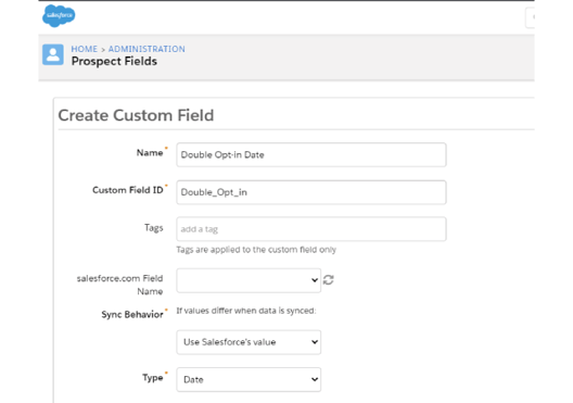 Double Opt-In con Pardot paso 2create a custom field called “Double op-in”
