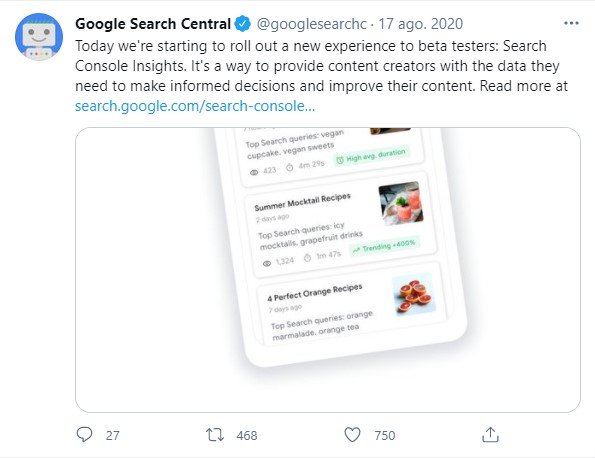 Anuncio de Search Console Insight en Twitter