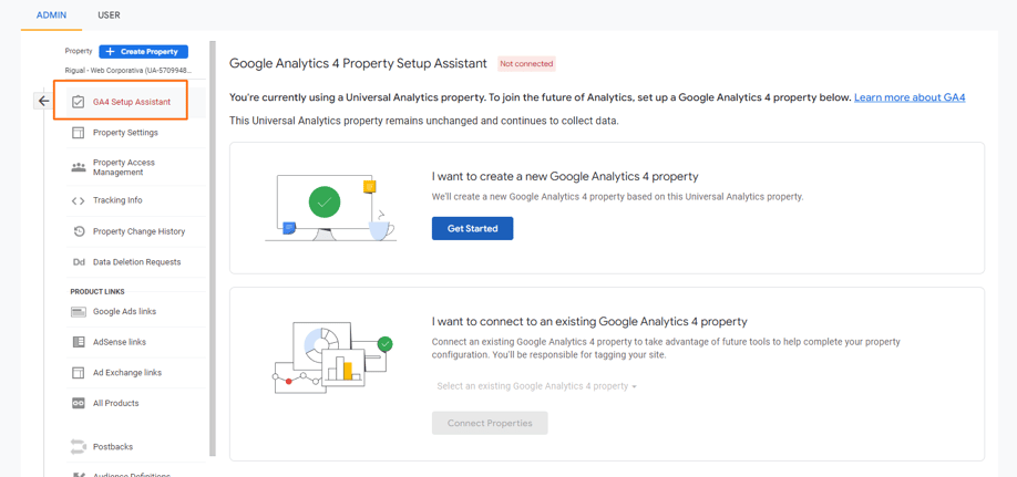 asistente para crear propiedad en  google analytics 4 