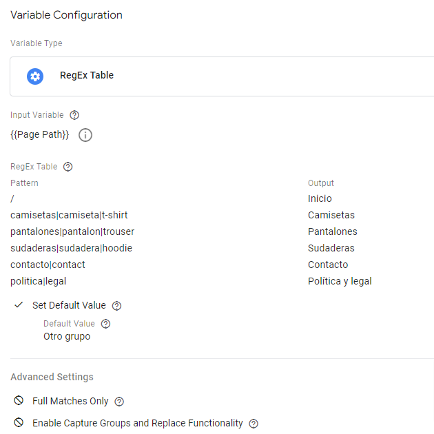 Ejemplo de variable de content group para GA4