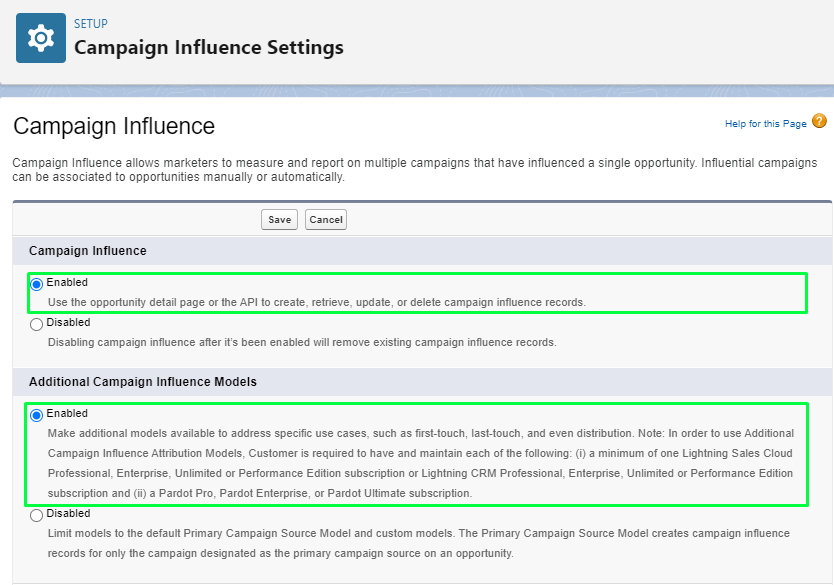 Activa los modelos predefinidos de atribución para Account Engagement/Pardot: