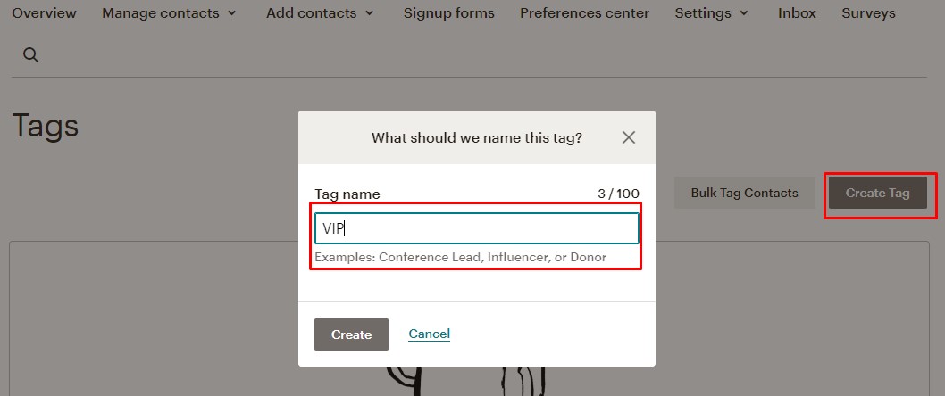 creación de tag grupo mailchimp