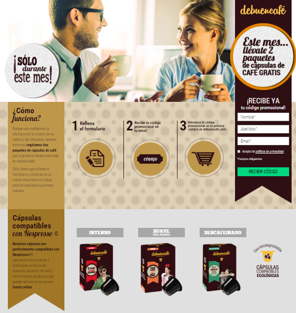 Ejemplo landing page debuencafe con beneficios
