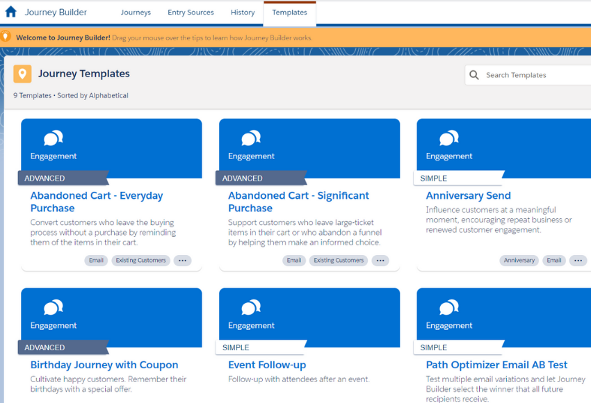Plantillas predefinidas de Journey Builder