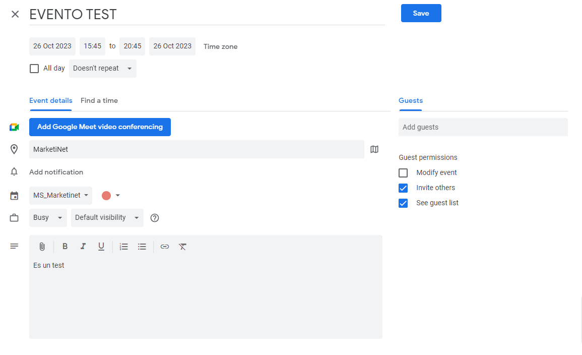 Creación de un evento en Google Calendar