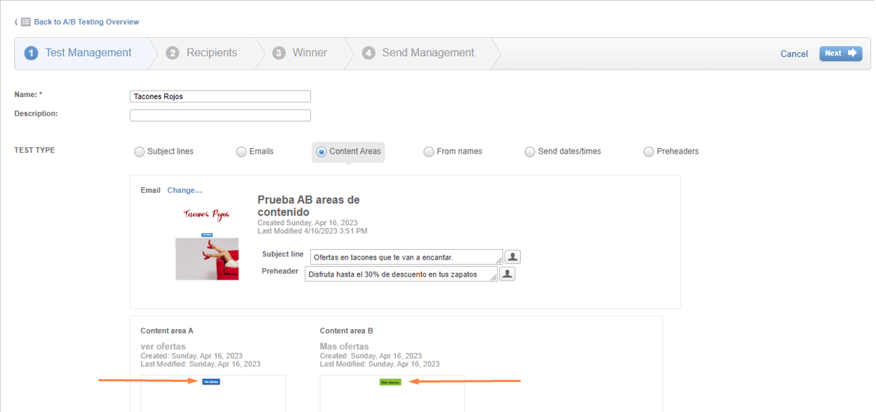View of the Salesfoce Marketing Cloud tool, in the case of tests with content areas