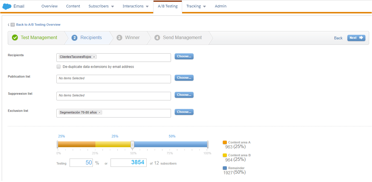 View of the Salesforce Marketing Cloud tool, performing the A/B test, choosing the audience to be impacted