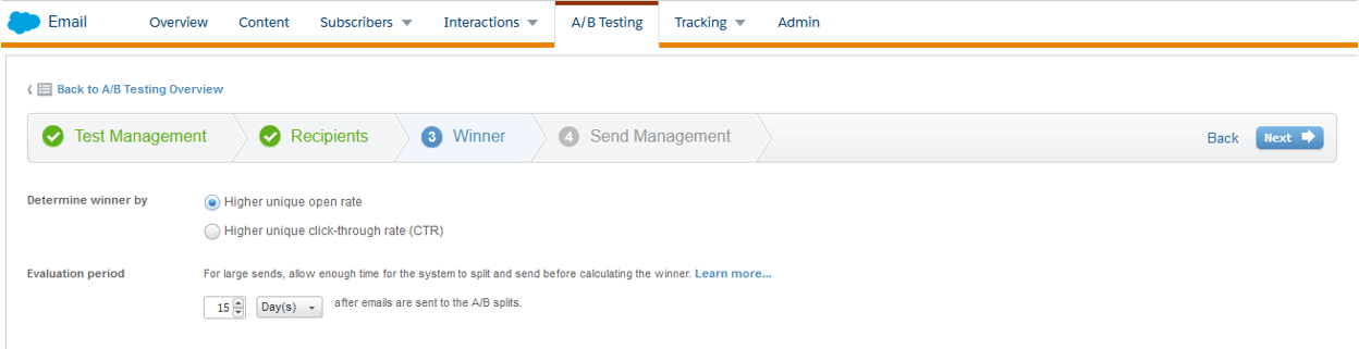 View of the Salesforce Marketing Cloud tool, choosing the parameters to consider a winner