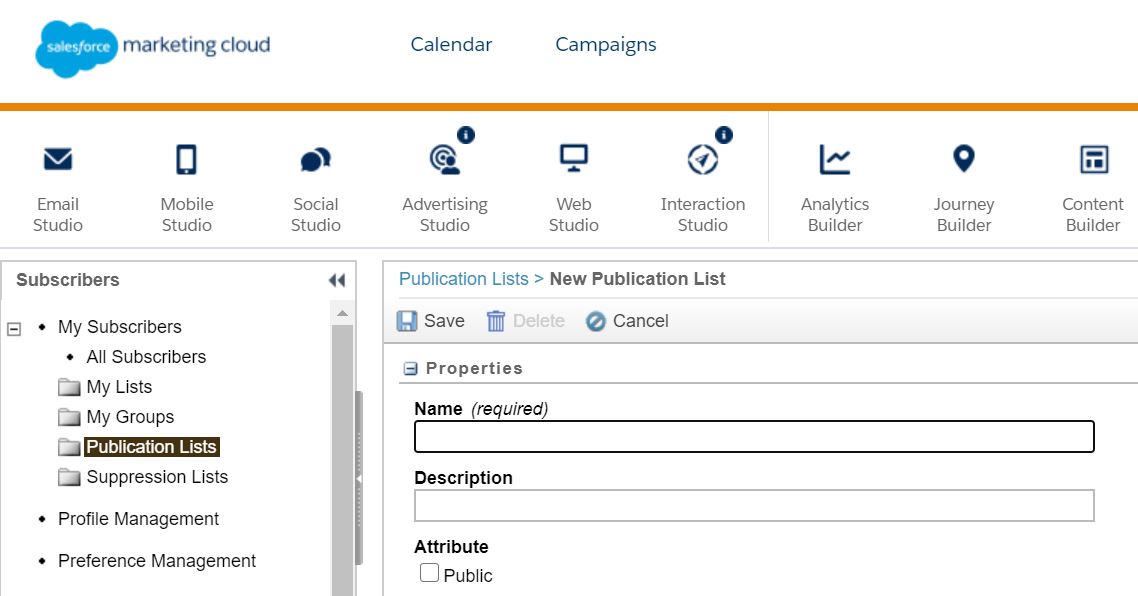 Lista de publicación en Marketing Cloud