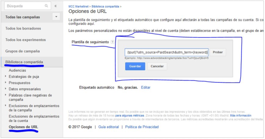 Cómo configurar ValueTrack  a nivel de cuenta en AdWords