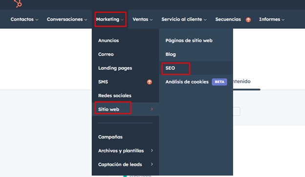 Pestaña SEO en HubSpot