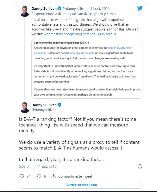 Tweet de Danny Sullivan sobre Google EAT