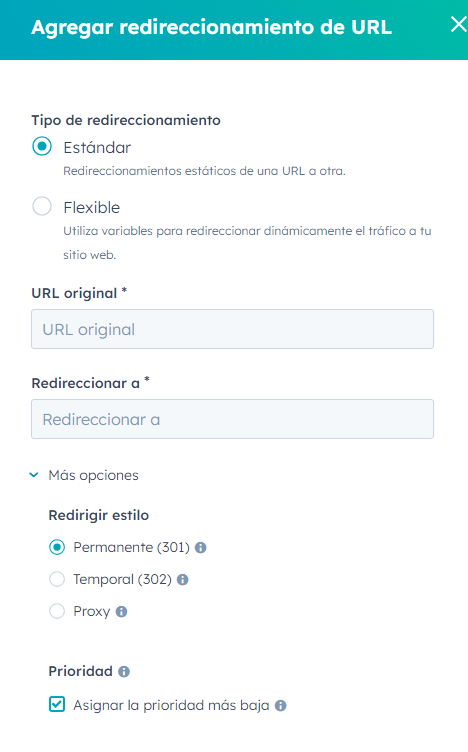 Agregar redireccionamiento de url