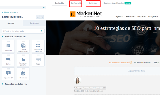 apartados configuración y optimizar