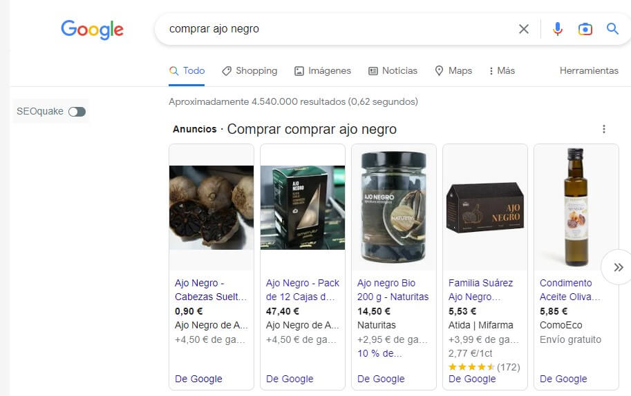 Resultados de anuncios de pago para la búsqueda comprar ajo negro