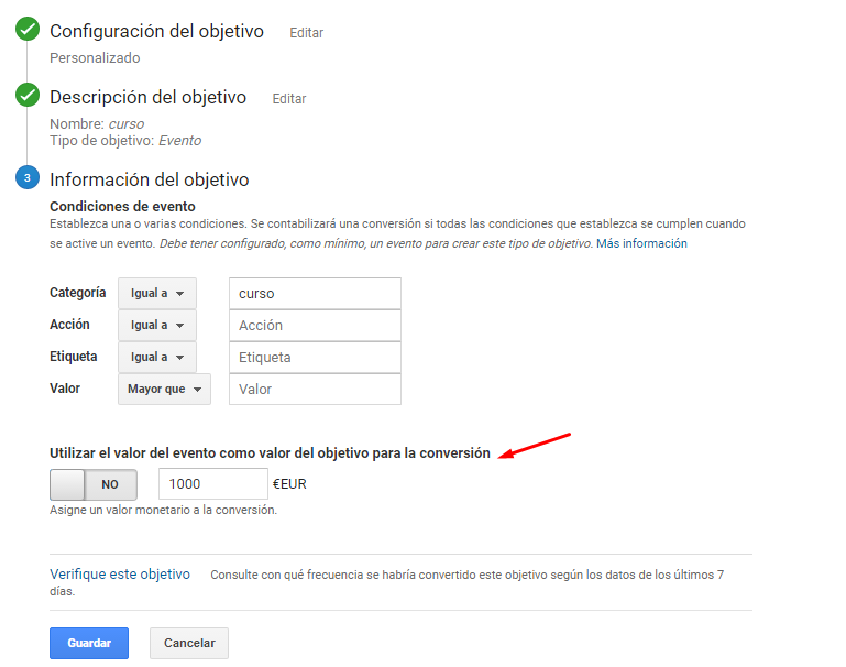 Configurar valores en objetivos de Analytics