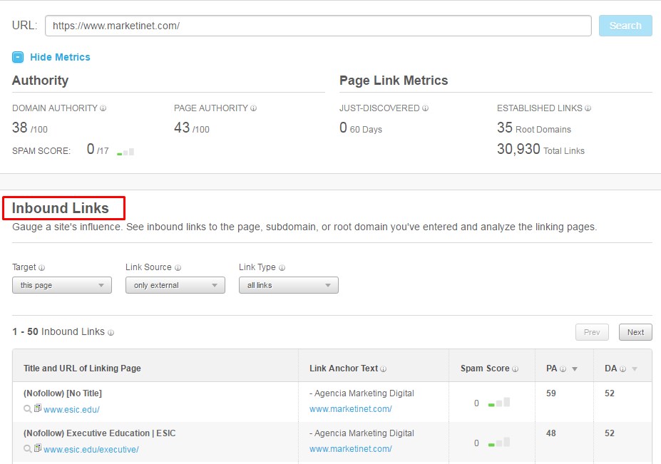 herramienta moz inbound links