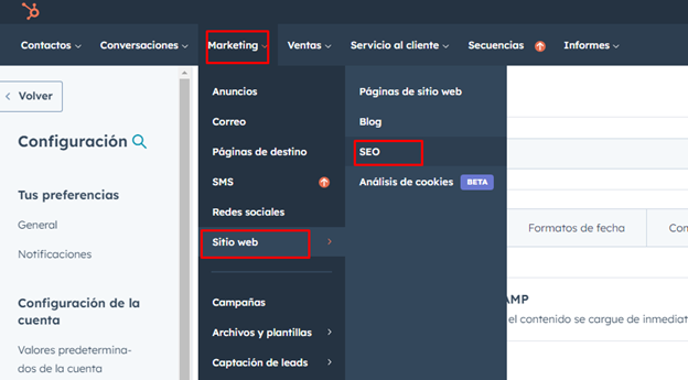 pestaña seo en Hubspot