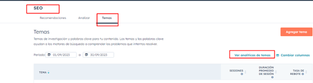 pestaña temas Hubspot
