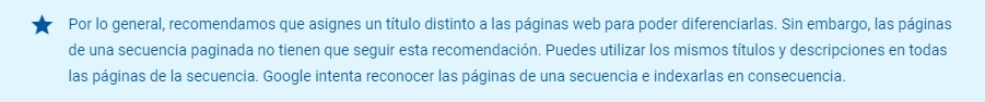 Recomendación de Google de title y meta description en paginaciones