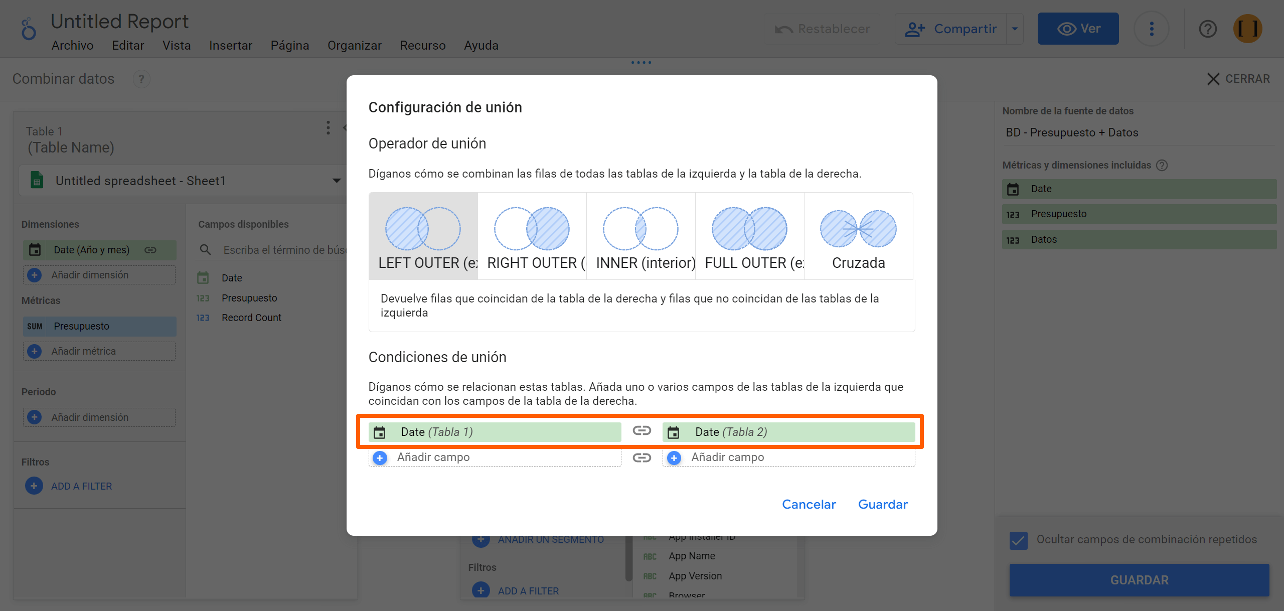Configuración de unión de datos en looker studio