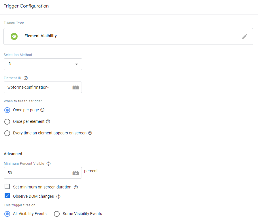 Configuración del activador element visibility de Google Tag Manager