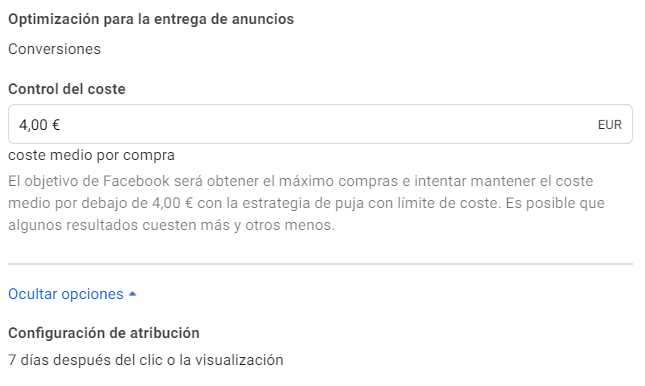 Control de coste Facebook Ads