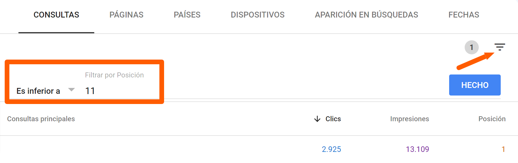 Ver keywords en top 10 con GSC