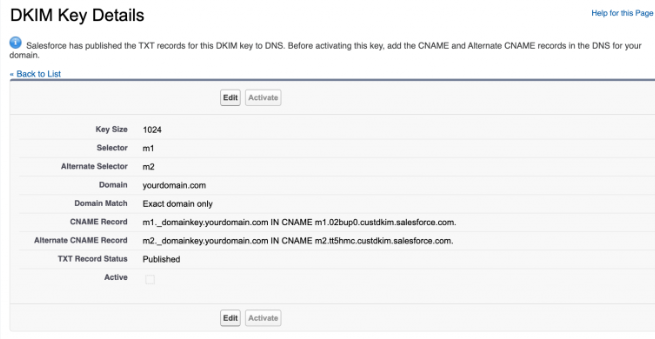 DKIM Key Details Salesforce