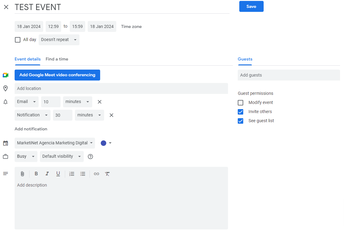 Creating an event in Google Calendar