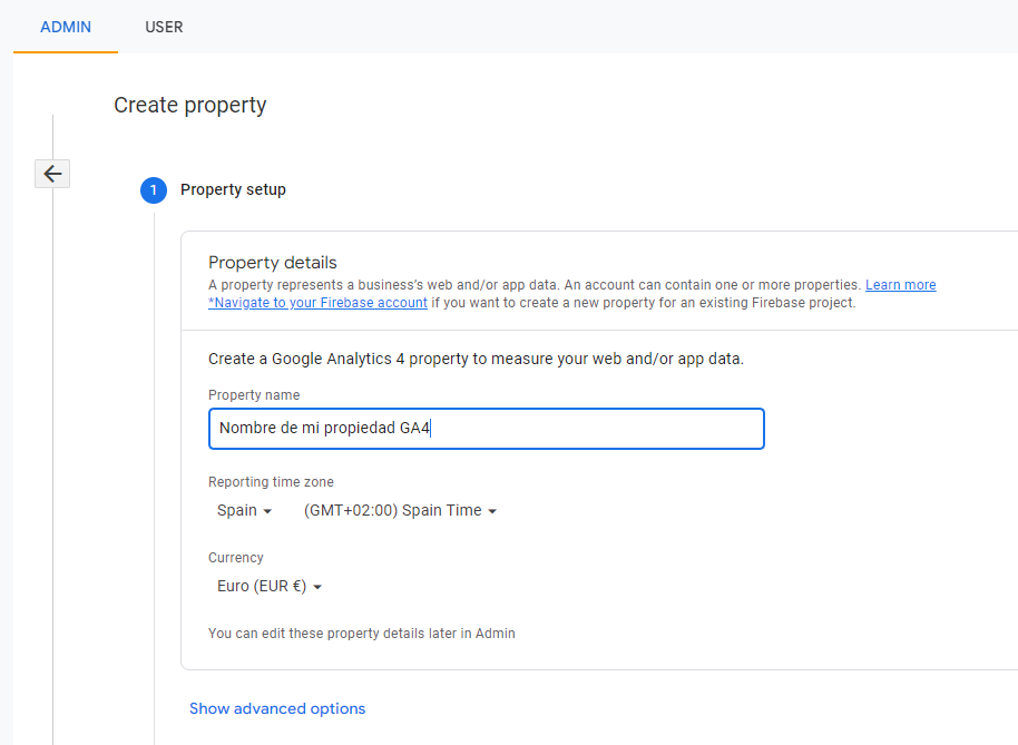 asignar nombre a la propiedad en  google analytics 4 