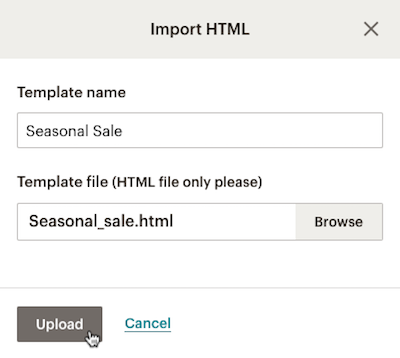 Escribe el nombre de la plantilla y haz clic en Upload
