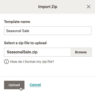 Escribe el nombre de la plantilla y haz clic en Upload