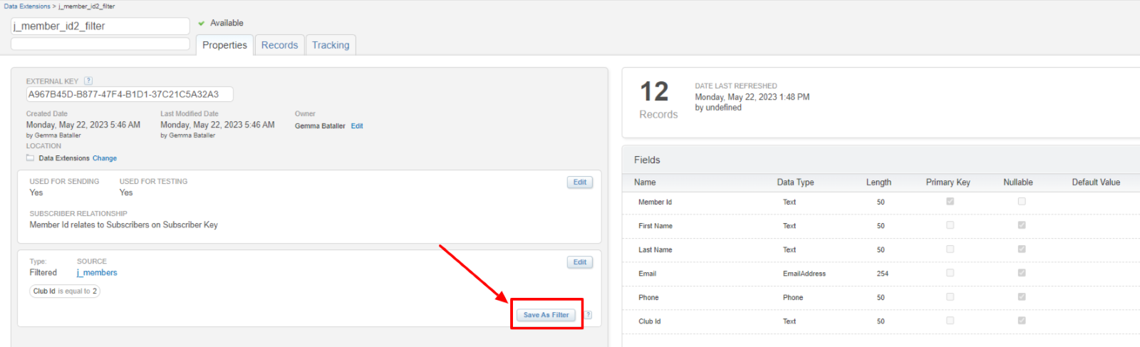 Verificar y Guardar el Filtro como un Data Filter 