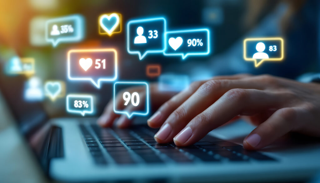 Manos escribiendo en portátil con iconos flotantes de notificaciones y estadísticas de redes sociales