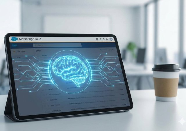 Tableta que ilustra un concepto de tecnología de inteligencia artificial (IA) en email Marketing en Salesforce Marketing Cloud