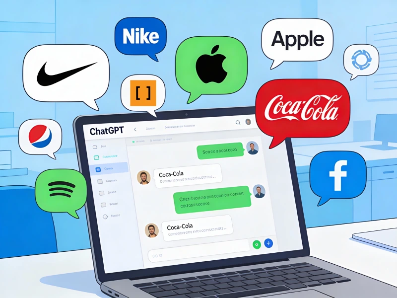 Ilustración de un portátil con la interfaz de ChatGPT rodeado por logotipos de marcas globales como Apple, Nike, Coca-Cola y Facebook en burbujas de chat