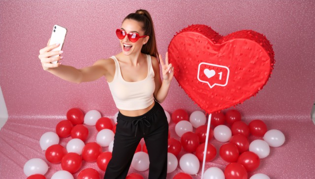 influencer posando con piñata de corazón de Instagram y globos.