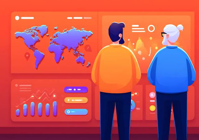 Dos personas observando varias pantallas digitales con análisis de datos