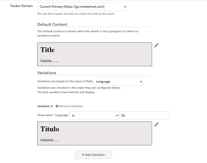 Panel de configuración de contenido dinámico en Pardot