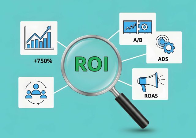 Gráfico ilustrativo de marketing digital con una lupa centrada en el texto 'ROI' y varios iconos conectados