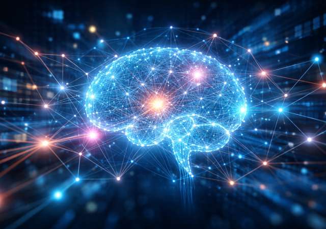 Representación digital de un cerebro humano formado por una red de conexiones neuronales brillantes y puntos de luz que simbolizan la inteligencia artificial y el procesamiento de datos