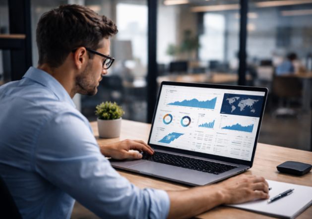 Un hombre de negocios analizando datos de rendimiento web en la plataforma Google Search Console desde su ordenador portátil en una oficina