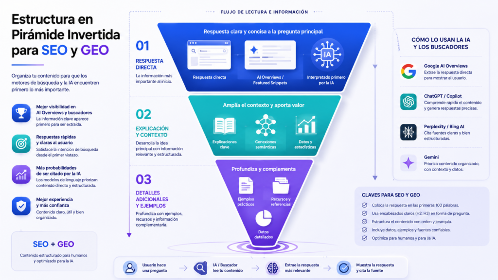 Infografía sobre la estructura en pirámide invertida para SEO y GEO