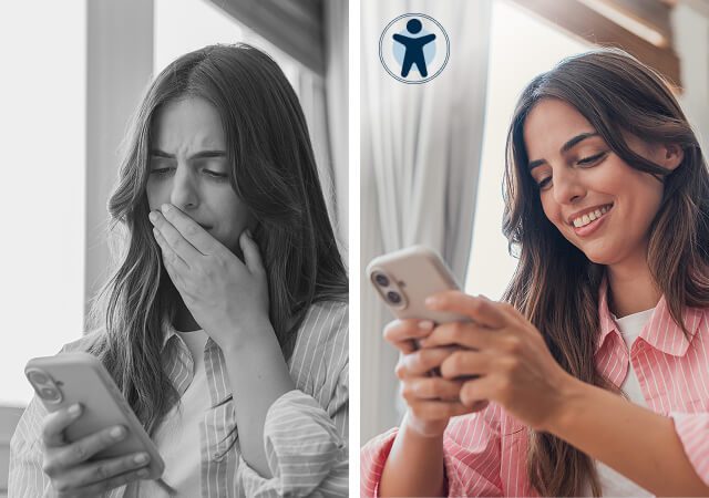Comparativa de una mujer con dificultades para navegar desde su móvil y otra utilizando un widget de accesibilidad web para mejorar su experiencia de navegación